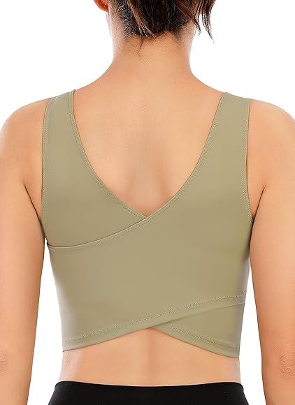 TASADA V-Neck Sports Bras for Women - Wirefree Padded Yoga Bra Running Workout Aesthetic Crop Tan... | Amazon (US)