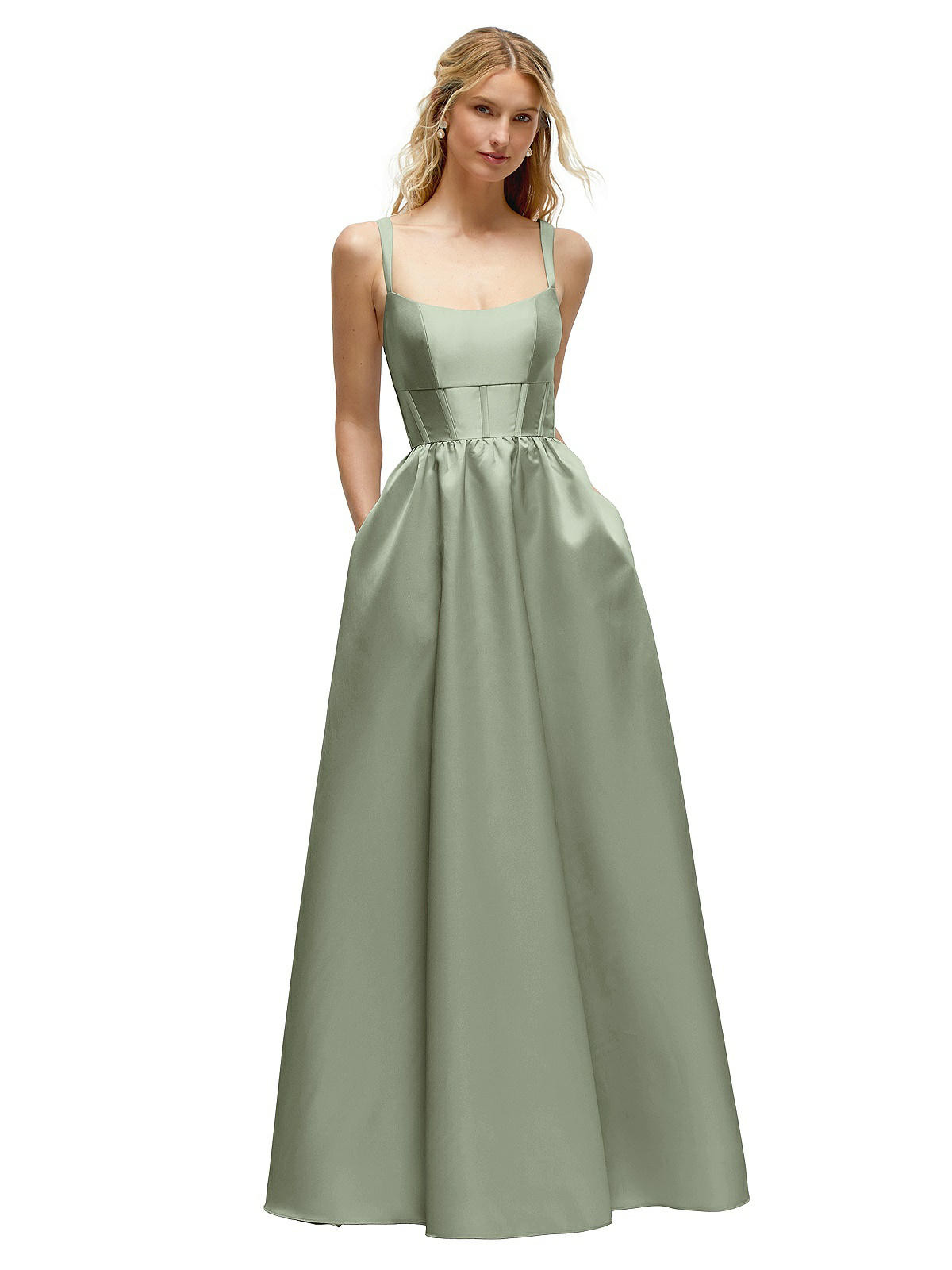 Scoop Neck Inset Corset Satin Maxi Dress with Pockets in Sage | Dessy Group