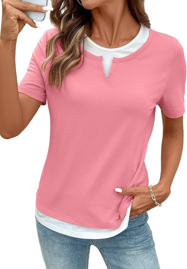 SHEWIN Womens Tops Casual Crewneck Color Block Short Sleeve Mock Double Layer T-Shirt Summer Outf... | Amazon (US)