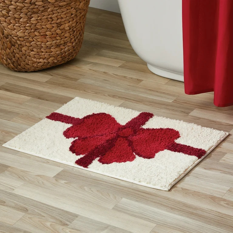 Holiday Time White/Red Holly Bow Tufted Bath Rug, 17" x 24" | Walmart (US)