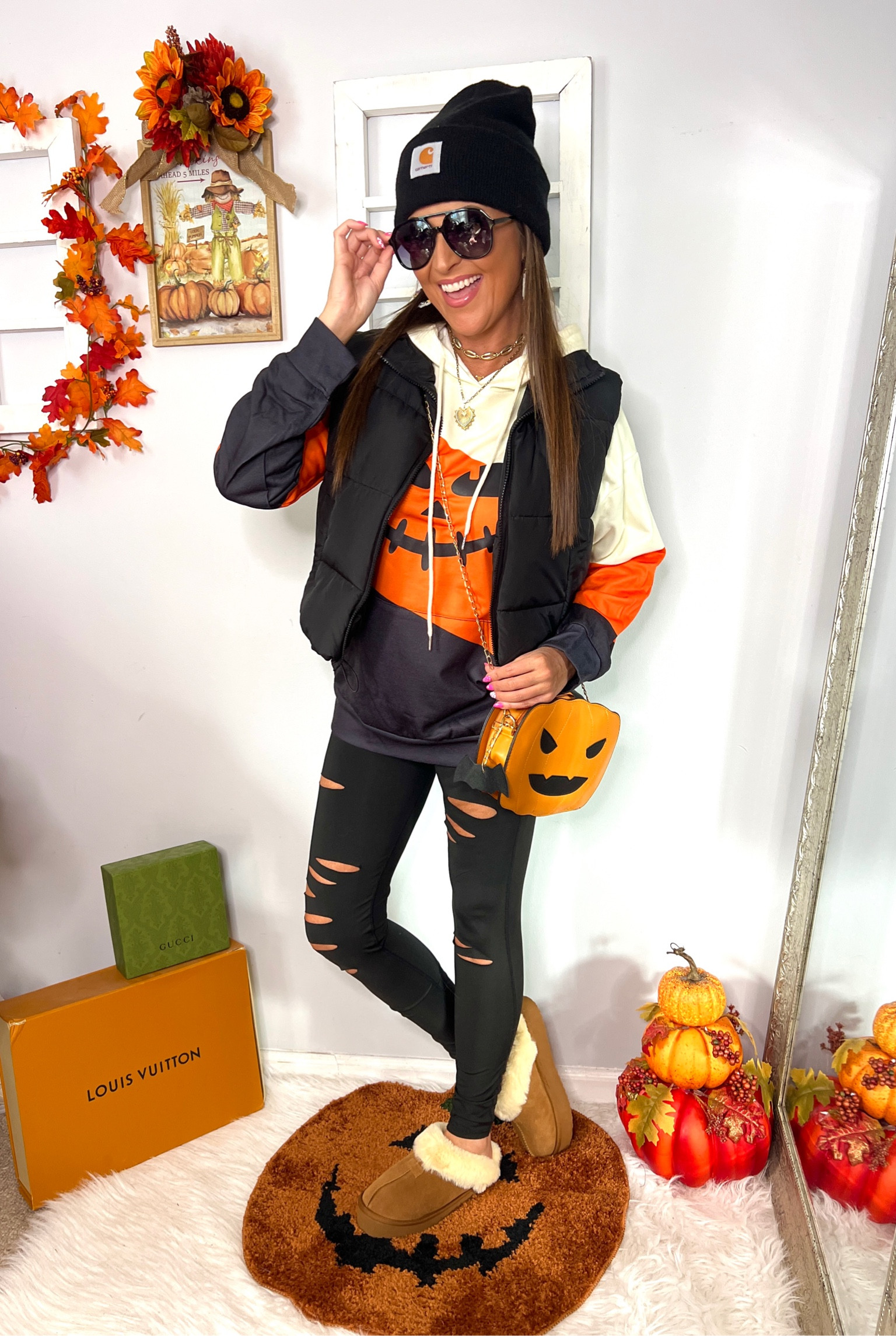 Discount Codes:
Hoodie, Pumpkin Bag, Rug, Pumpkin Sweatshirt, Pumpkin Earrings: LINZ25

Sunglasses: SJLINZ30A (works on all SOJOS glasses on amazon)

Sweatshirt: Medium (from video intro)
Hoodie: Small (wish I had sized up one)
Vest & Leggings: similar, mine are sold out

Halloween outfit, Halloween decor, Walmart fashion finds, amazon fashion finds, Walmart must haves, carhartt beanie, halloween jewelry earrings, halloween pumpkin purse, fall shoes, fall boots 

#LTKSeasonal #LTKHalloween #LTKstyletip