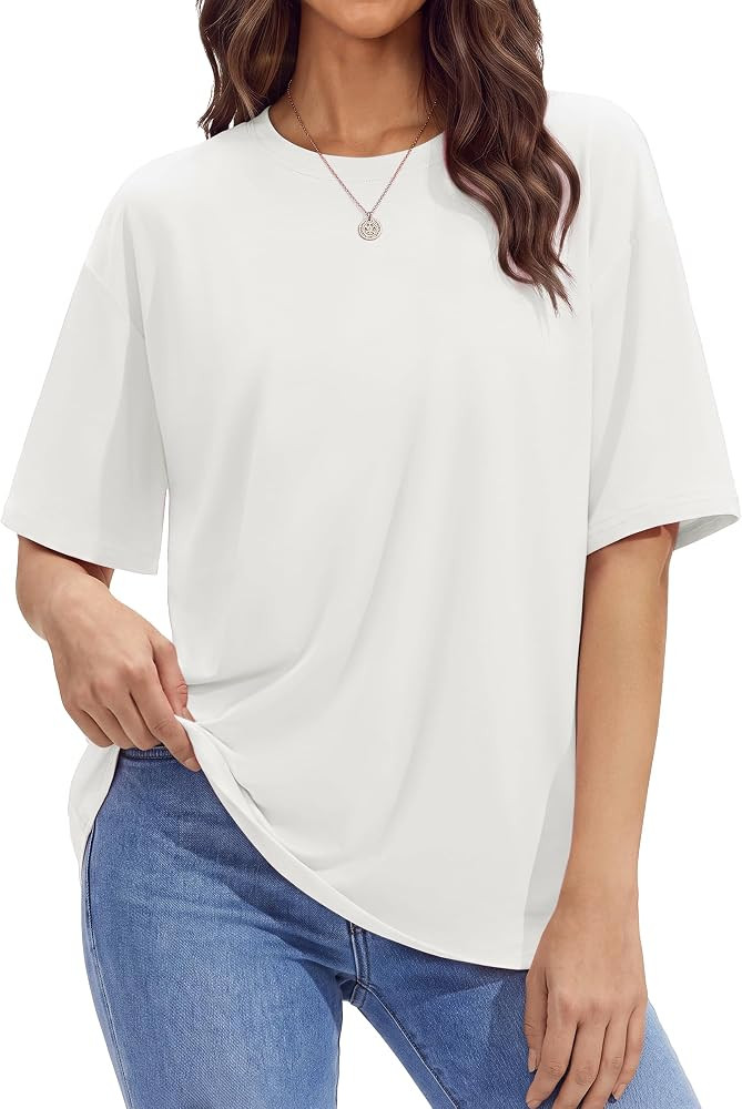 Stelle Non See Through Oversized T Shirts Women Crew Neck Short Sleeve Summer Tops Soft Basic Tee... | Amazon (US)