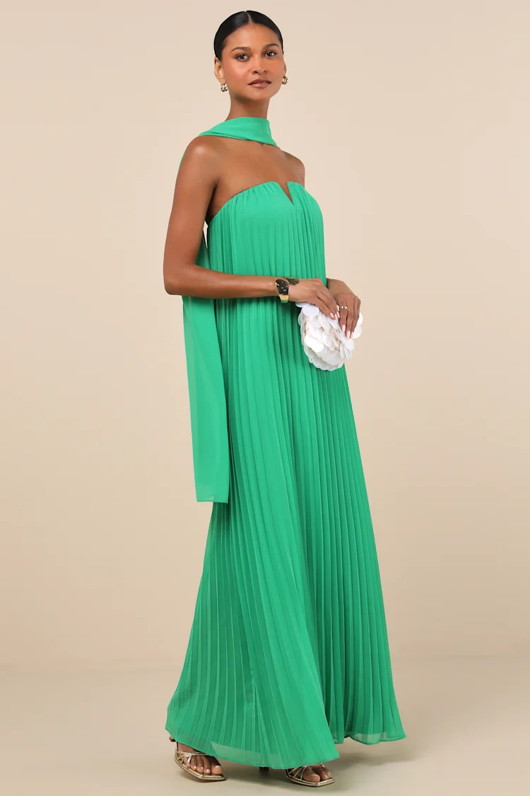 Lael Green Pleated Strapless Dress and Scarf Set | Lulus