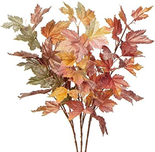 Artificial Maple Leaves Branches 3 Pcs Mixed Corlor Fall Leaves Stems Fake Bushes Glitter Maple L... | Amazon (US)