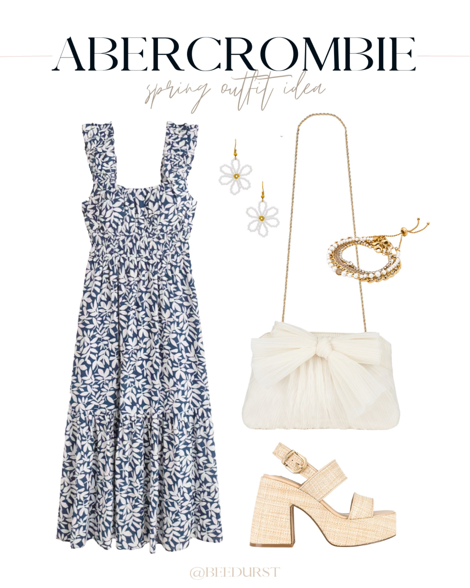 Abercrombie spring outfit idea, spring outfit inspiration, Easter outfit idea, sundress, floral sundress, maxi dress, floral maxi dress, raffia heels, raffia wedges, Easter dress, floral earrings, beaded earrings, statement earring, bracelet set, crossbody bag, bow clutch 

#LTKitbag #LTKshoecrush #LTKSeasonal