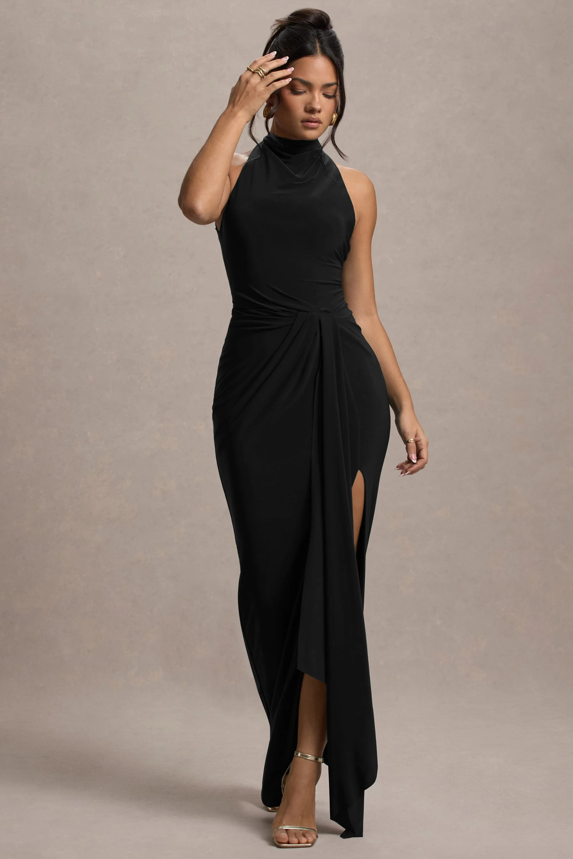Khari  Black High-Neck Twisted Maxi Dress With Drape | Club L London