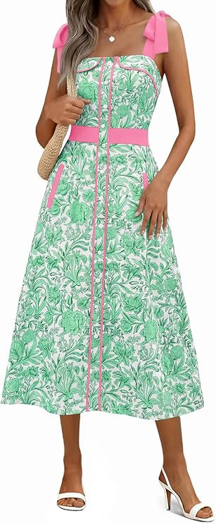 Wenrine Womens Summer Floral Midi Dress Casual Tie Strap Sleeveless Smocked Button Boho Flowy Bea... | Amazon (US)