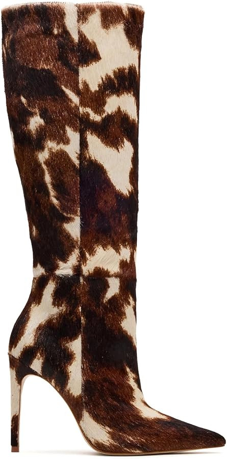 DOEYG Brown Cow Animal Print Knee High Boots for Women Pointed Toe Heeled Stiletto Boots Dressy F... | Amazon (US)