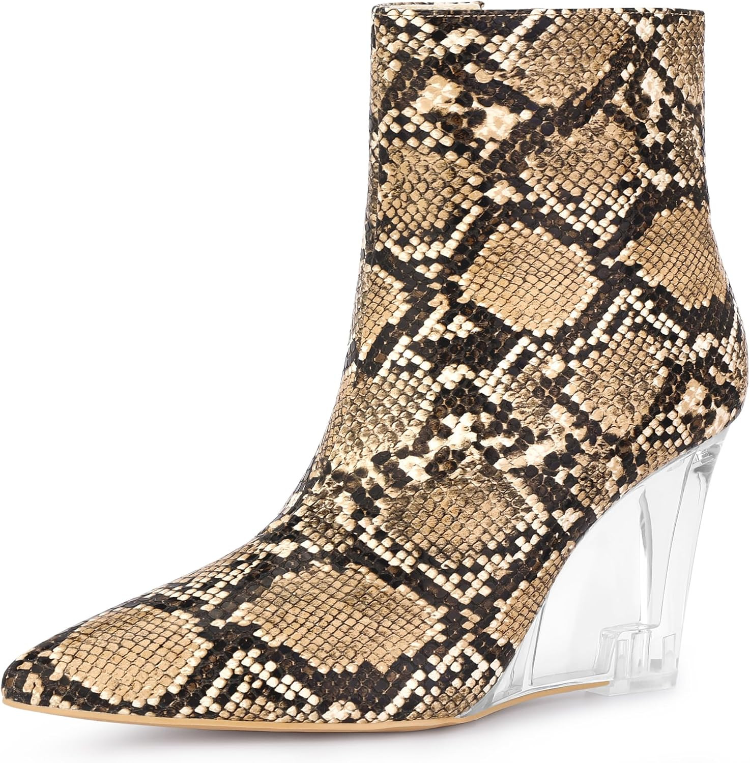 Allegra K Women's Snakeskin Printed Ankle Boots Pointed Toe Wedge Clear Heels Boots | Amazon (US)