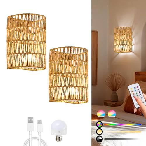NOVCAND Boho Rattan Wall Sconces Set of 2, Battery Operated Wireless RGB Wall Lights, 15 Colors Dimmable No Wire Wicker Woven Decor for Bedroom, Living Room, Entryway | Amazon (US)