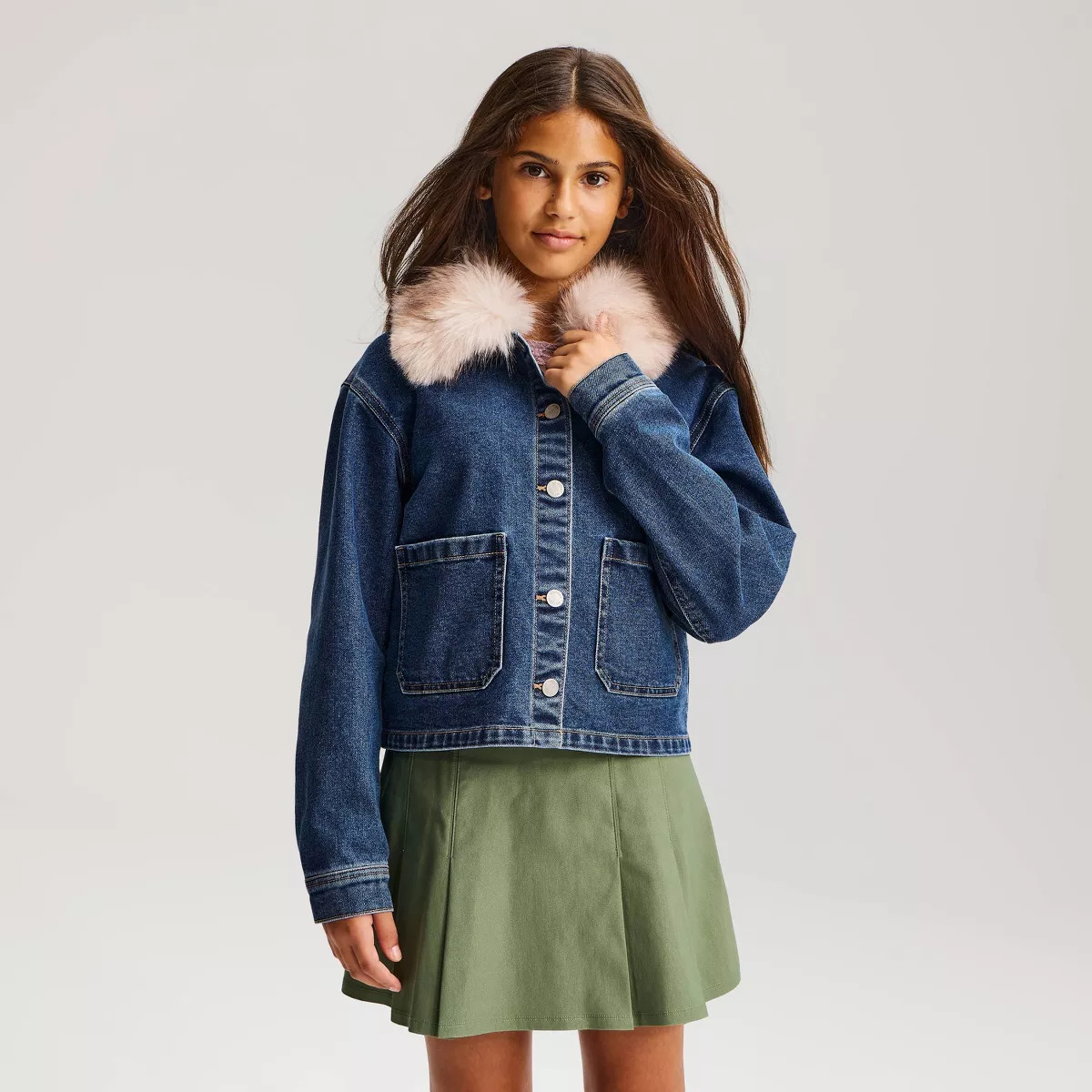 Girls' Faux Fur Collar Denim Jacket - art class\u2122 Blue Denim L | Target