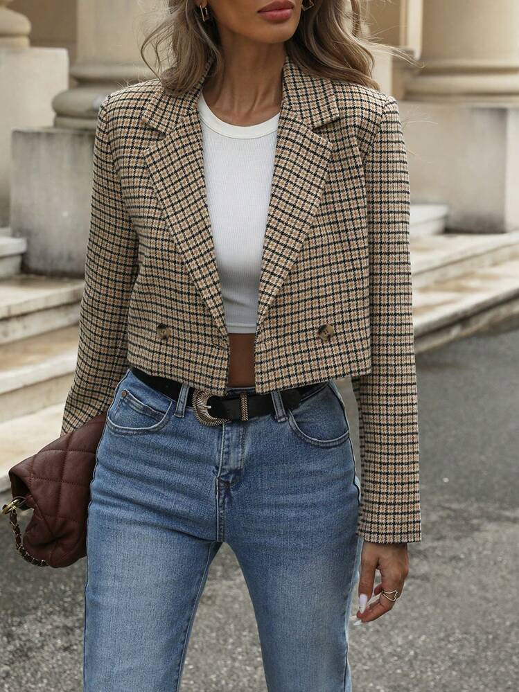 Aveloria Modichic 1pc Vintage Check Pattern Double-Breasted Turndown Collar Cropped Business Casual Blazer  Fall Cloth For Women | SHEIN