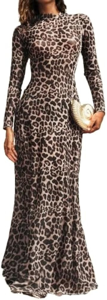 WDIRARA Women's Leopard Print Knitted Mesh Long Sleeve Fitted A-Line Maxi Dress | Amazon (US)