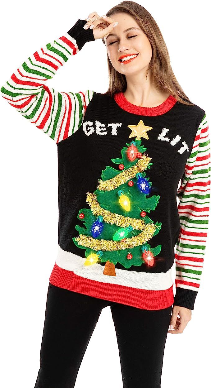 JOYIN Womens LED Light Up Get Lit Christmas Tree Ugly Christmas Sweater Built-in Light Bulbs | Amazon (US)