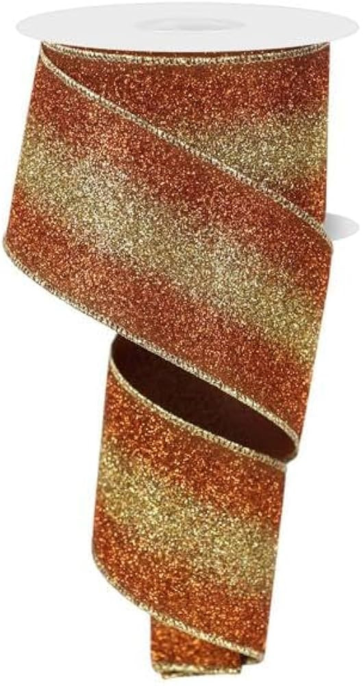 Gradient Glitter Stripe Wired Edge Ribbon, 2.5" x 10 Yards (Brown, Copper, Gold) | Amazon (US)