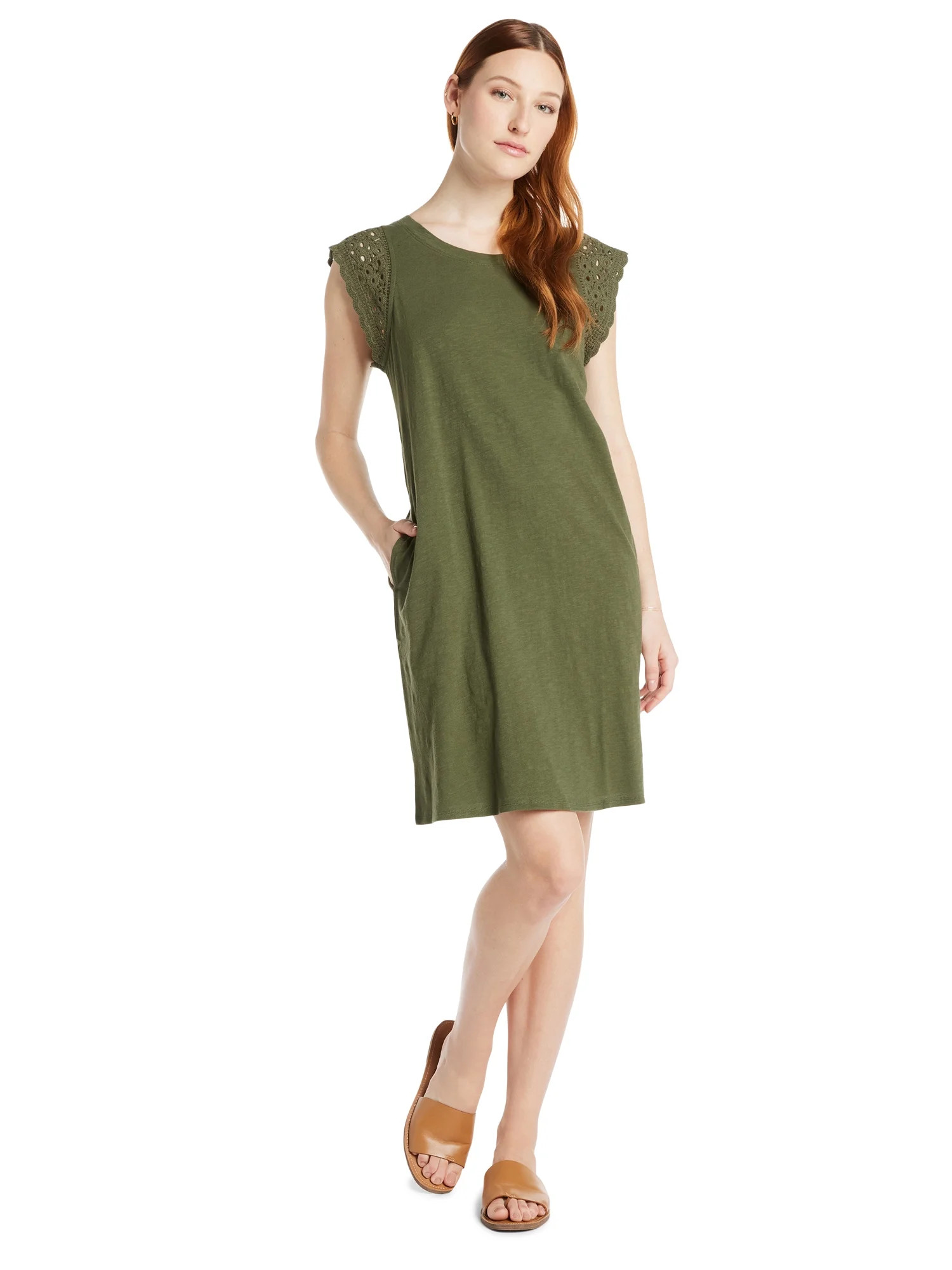 Time and Tru Women's Cotton Knit Dress with Crochet Sleeves - Walmart.com | Walmart (US)
