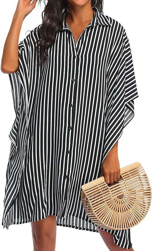Ekouaer Women's Swimsuit Cover Up 3/4 Sleeve Beachwear Bikini Coverups Button Down Oversized Cove... | Amazon (US)