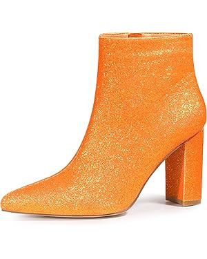 Allegra K Women's Glitter Pointed Toe Chunky Heel Ankle Boots | Amazon (US)