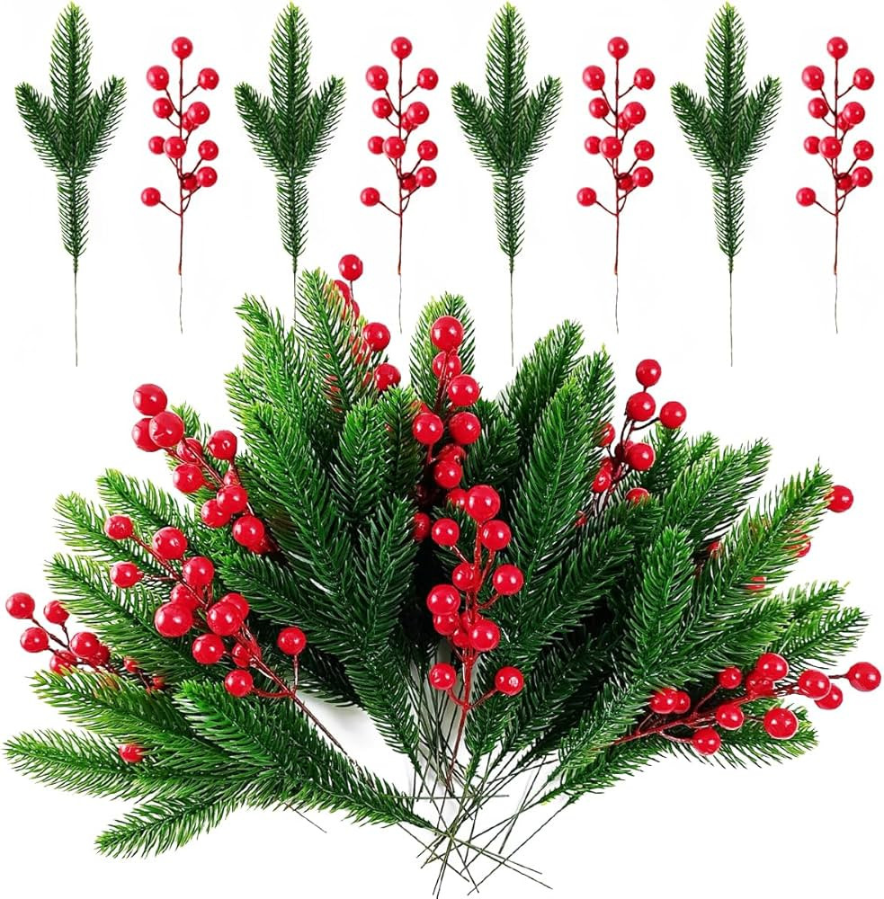 32PCS Artificial Pine Branches Christmas Holly Berries Artificial Red Berry Stems for Christmas W... | Amazon (US)