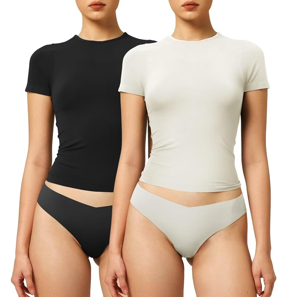 2 Pack Women's Seamless Short Sleeve T Shirts, Crew Neck Y2K Slim Fit Tops for Women | Amazon (US)