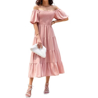Clearlove Off-Shoulder Dresses for Women Summer Puff Sleeve Waist Casual Ruffle A-Line Flowy Midi Dress Pink S | Target