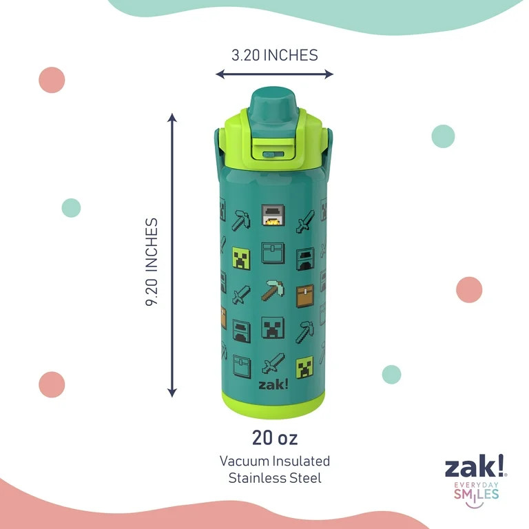 Zak Designs 20oz Minecraft Kids Straw Water Bottle, Stainless Steel Vacuum Insulated Liberty Bott... | Walmart (US)