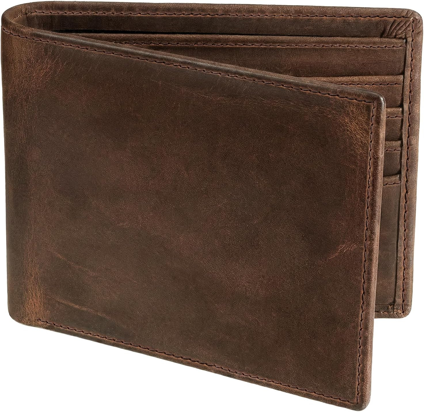 RUNBOX Men's Full Grain Leather Bifold Wallet - Crazy Horse RFID Blocking Slim Wallet with 2 ID Windows, 12 Card Slots & Dual Cash Pockets, Gift for Men | Amazon (US)
