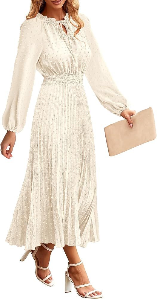 MEROKEETY Women's 2023 Long Puff Sleeve Tie V Neck Dress Pleated Swiss Dot A Line Maxi Dresses | Amazon (US)