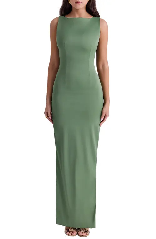 HOUSE OF CB Filomena Side Slit Matte Jersey Gown in Dill at Nordstrom, Size X-Small | Nordstrom
