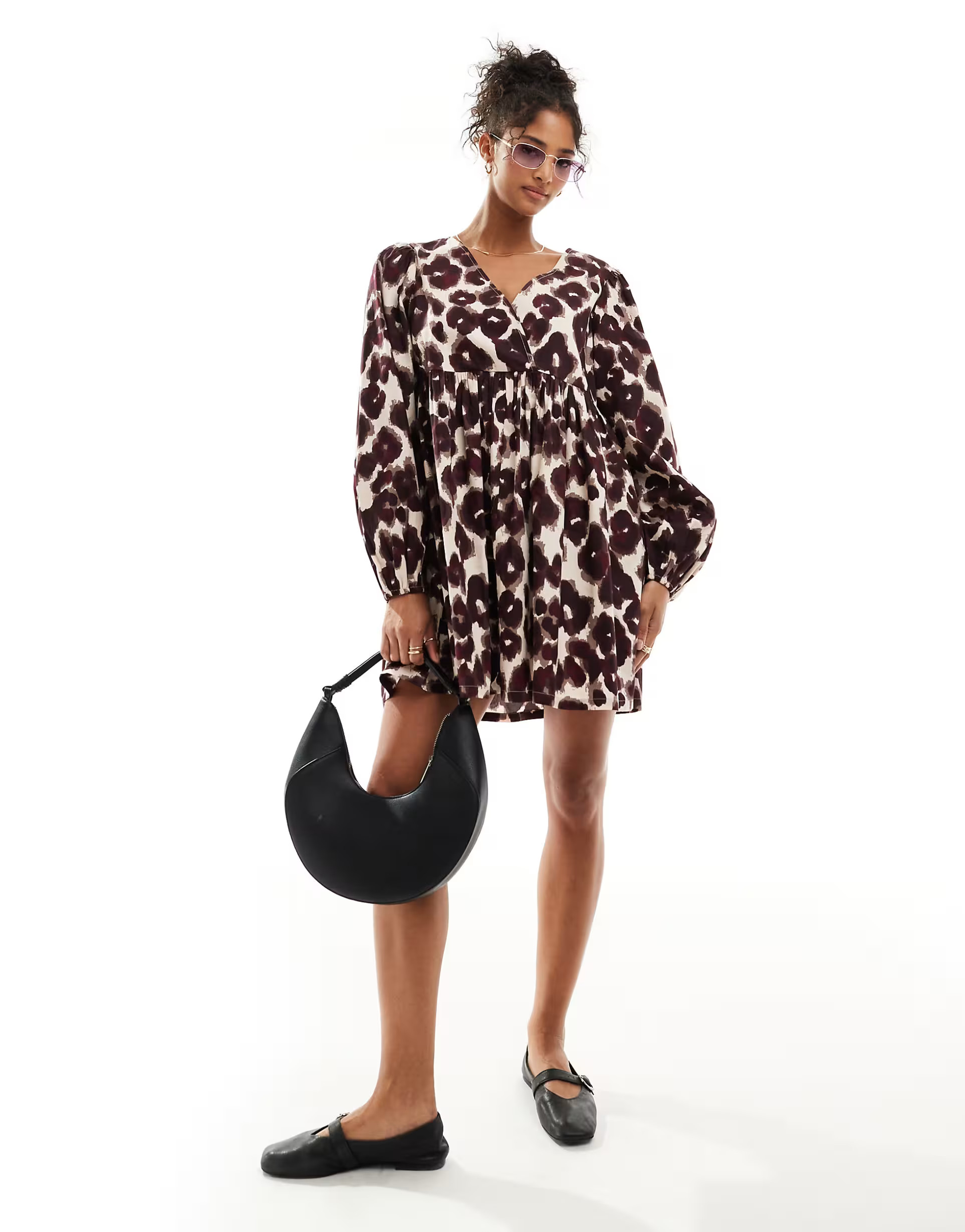 ASOS DESIGN cotton v-neck mini smock dress in leopard print | ASOS (Global)