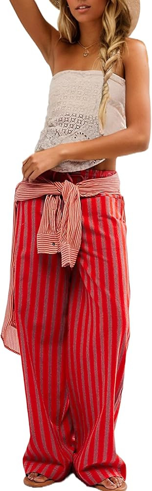 MISSACTIVER Women Drawstring Striped Pants Loose Wide Leg Trousers Comfy Low Waist Pants Casual L... | Amazon (US)