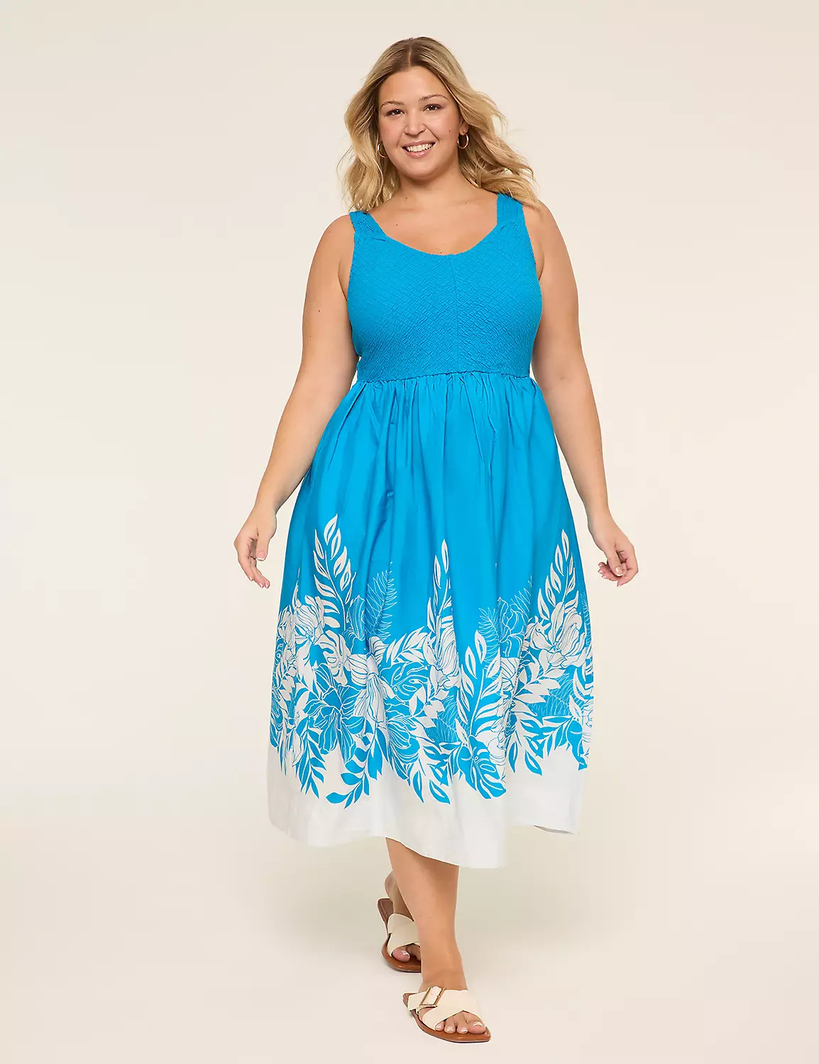 V-Neck Smocked-Bodice Midi Dress | Lane Bryant (US)