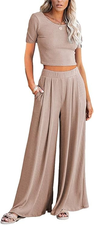 Lveberw Lounge Set Womens, Outfits Sets, Ribbed Crop Top Long Sleeve, Palazzo Pants - Loose Sweat... | Amazon (US)