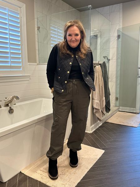 What I actually wore. These utility cargo are quite roomy. I’m wearing a size 12. The lady jacket inspired quilted vest adds a layer and a little warmth but more importantly style. Your Chelsea boots are still on trend pull them out! Or there are a lot on sale linked bel I’m wearing a size large in the vest

#LTKover40 #LTKstyletip #LTKmidsize