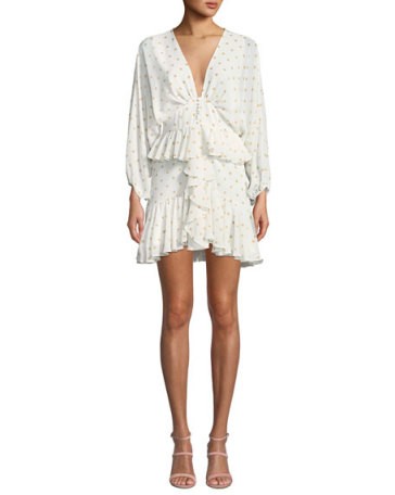 Shona Joy Sophia Dot-Print Plunged V-Neck Ruffle Mini Peplum Dress | Neiman Marcus