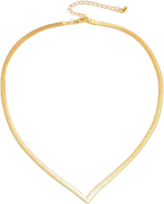 14K Gold Flat Snake Chain Choker Necklaces, Simple Minimalist V-Shaped Short Collar Clavicle Neck... | Amazon (US)