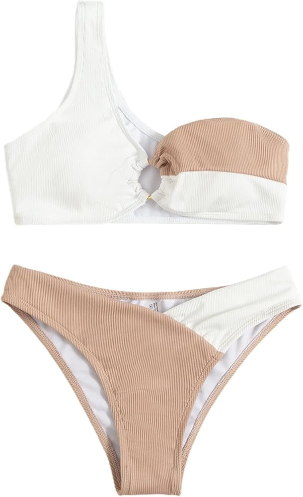 SheIn Women's One Shoulder Swimsuit Color Block High Cut Thong Ring Bikini Set High Waisted Bathi... | Amazon (US)