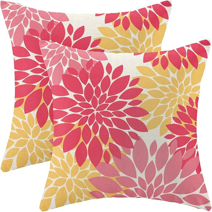 Decorative Preppy Pillow Covers 18x18 Inch Set of 2 Pink Yellow Dahlia Floral Decor Throw Pillows... | Amazon (US)