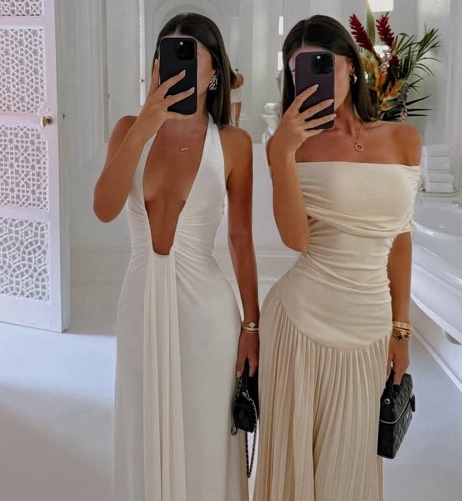 Ivory off the shoulder pleated dress 

White deep V neck halter dress 

#LTKParties #LTKWedding #LTKStyleTip