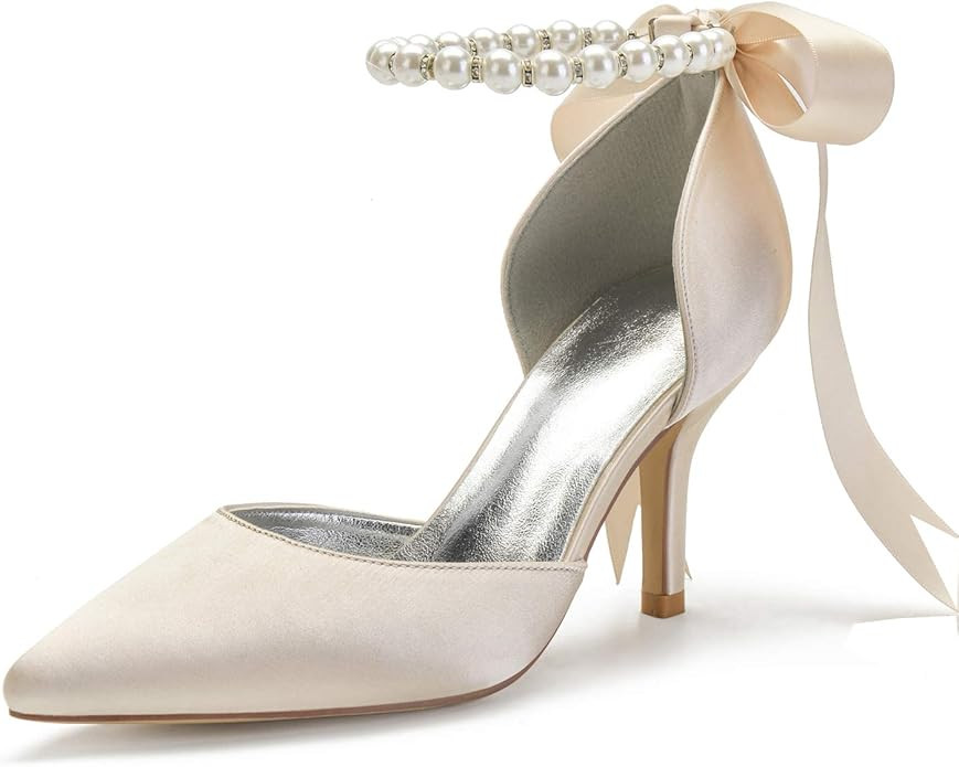 Women's Pearl White Wedding Shoes for Bride High Heels Pointed Toe Bridal Shoes Satin Prom Party ... | Amazon (US)