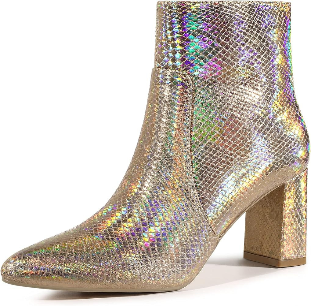 Allegra K Women's Snakeskin Print Boots Halloween Costumes Chunky High Heels Ankle Boots | Amazon (US)
