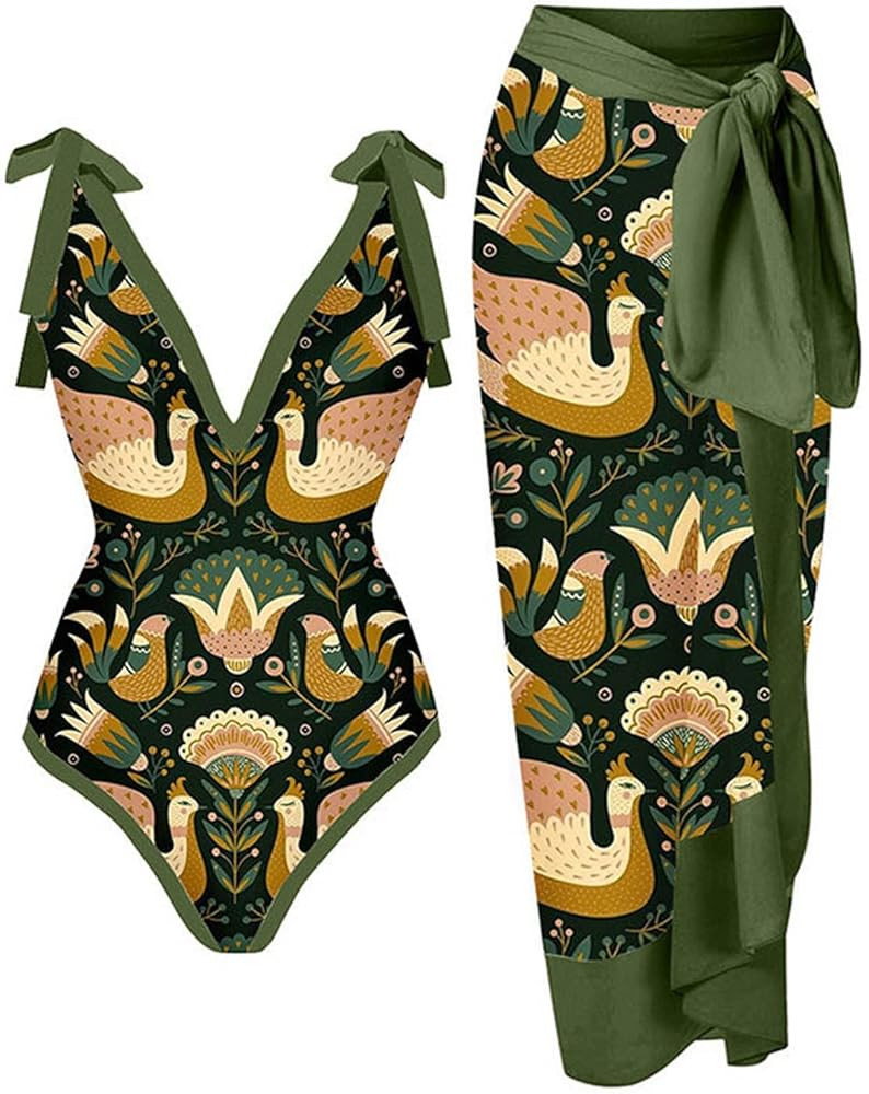 One Piece Bathing Suit for Women with Maxi Wrap Skirt 2 Piece Vintage Floral Print Swimsuit Tummy... | Amazon (US)