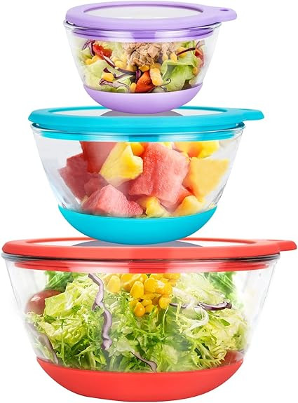MR.CHOU Glass Mixing Bowl Set of 3 with BPA Free Airtight Lid, Nesting Bowls with Non-slip Silico... | Amazon (US)