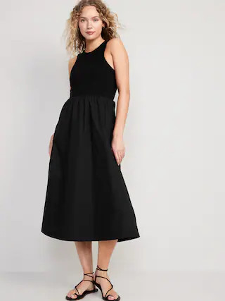 Fit &amp; Flare High-Neck Combination Midi Dress for Women | Old Navy (US)