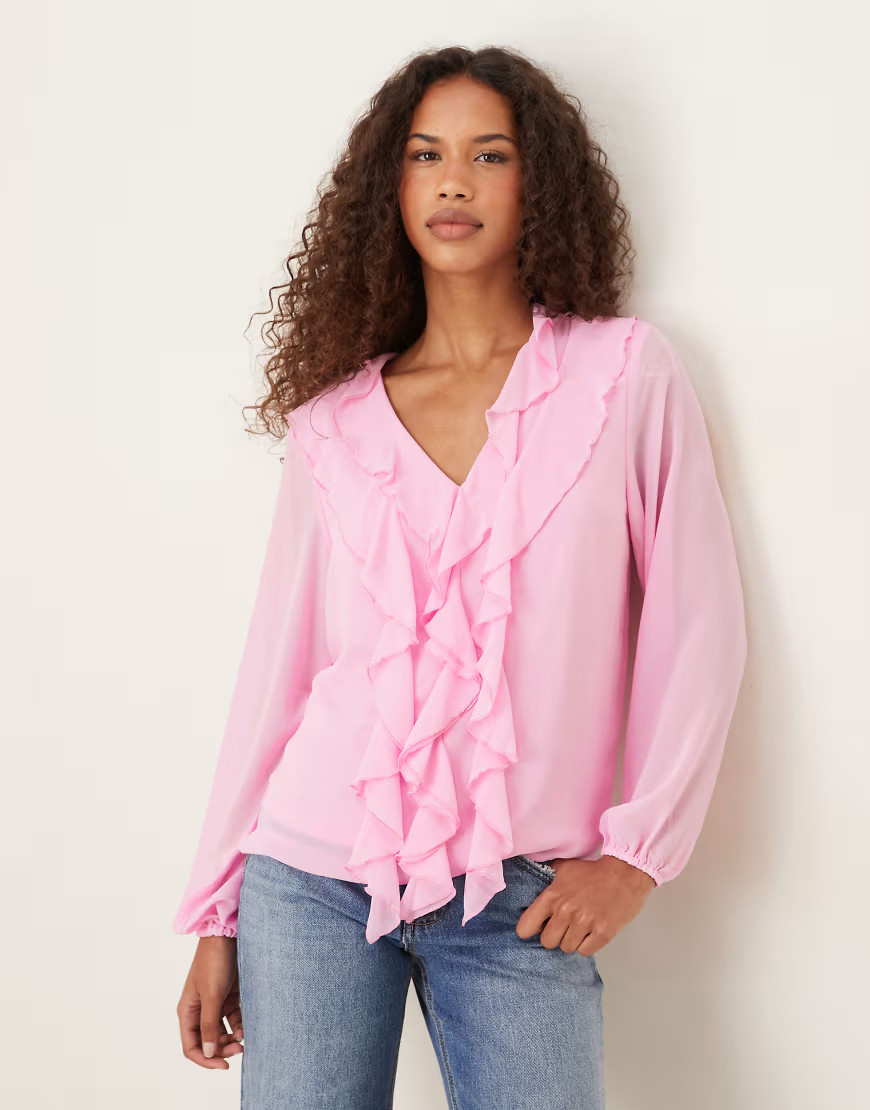 Vila ruffle frill woven blouse in pink | ASOS (Global)