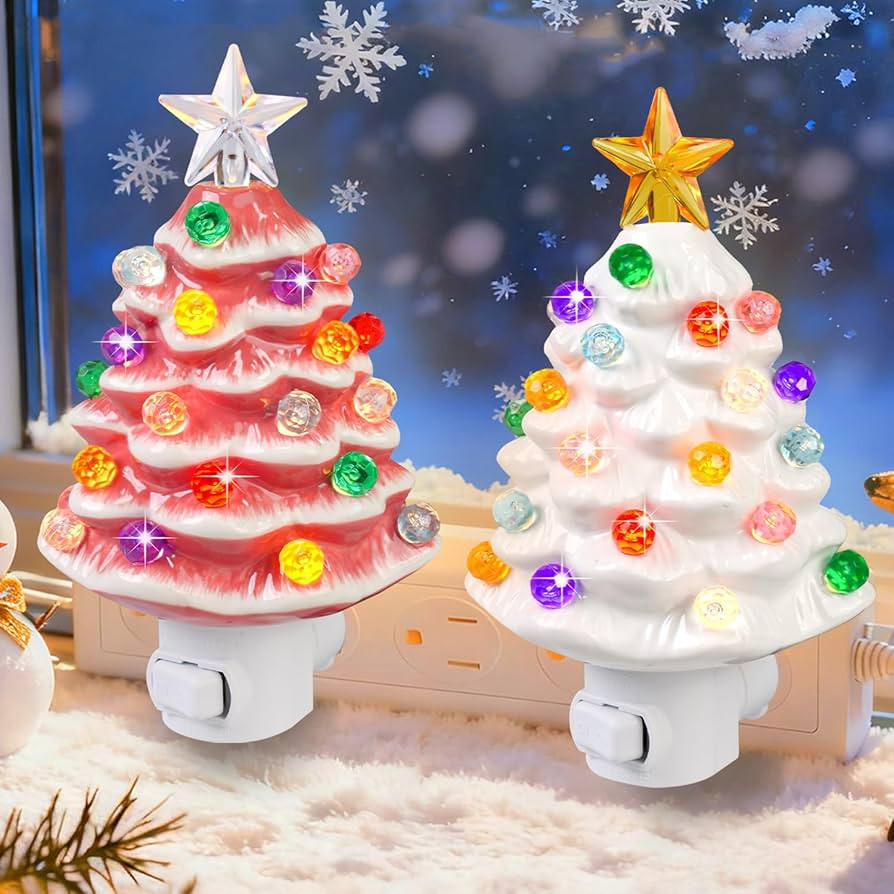 2 Pack 6.3" Ceramic Christmas Tree Night Light Plug in,360° Rotatable Decorative Christmas Tree ... | Amazon (US)