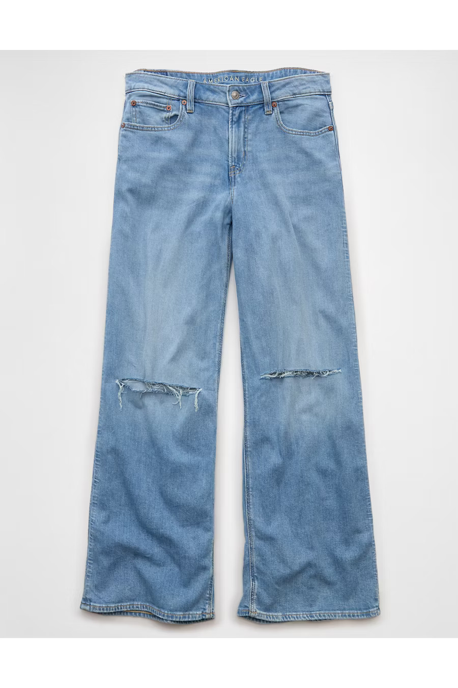 AE Dreamy Drape Stretch Ripped Low-Rise Baggy Wide-Leg Jean Women's Indigo Skylight Destroy 2 Regular | American Eagle Outfitters (US & CA)