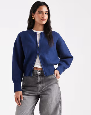ASOS DESIGN knit clean zip up sweater in navy | ASOS | ASOS (Global)