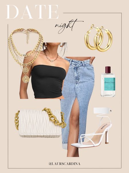 This date night look has a black tube top paired with a long denim skirt, white strappy heels, a crossbody quilted bag with a gold chain strap, gold earrings, a layered gold necklace, and Clementine California Cologne  

#LTKunder50 #LTKunder100 #LTKstyletip