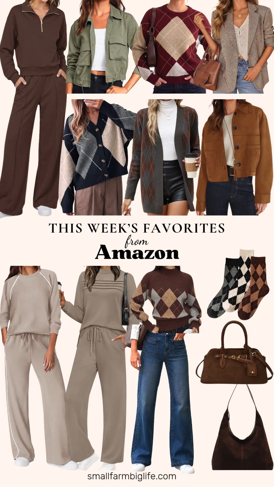 This Week's Favorites From Amazon 🍂 This fall fashion haul is full of cozy textures, rich brown tones, and preppy argyle, all perfect for building fall outfits for women over 50 and beyond. Argyle is everywhere this season, and I found it in a wine red and oatmeal dropped shoulder sweater, a brown and tan mock neck pullover, a grey and brown open front cardigan, a navy and oatmeal color block grandpa cardigan, and even a fun set of argyle crew socks. For outerwear, the army green cropped utility jacket, cognac faux suede shacket, and caramel houndstooth plaid blazer are easy fall layers, and the blazer is a great pick for business casual workwear. Suede is another big fall trend, and both the coffee brown slouchy shoulder bag and the brown suede tote are roomy, stylish fall purses. Matching lounge sets in brown, khaki, and latte make comfy airport and travel outfits, and the blue high waisted wide leg jeans pair with just about every top here!

#amazonfashion #amazonfinds #falloutfits #fallfashion #argylesweater 

 #LTKootd #LTKSeasonal #LTKOver40